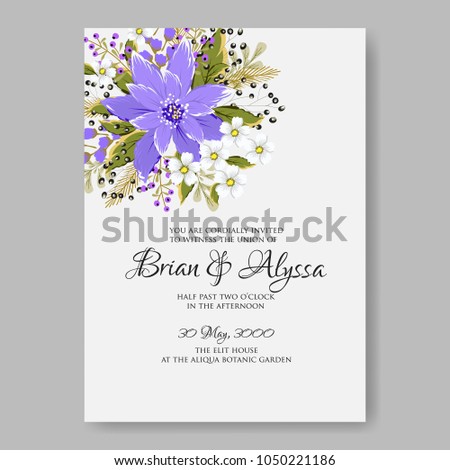 Floral wedding invitation vector template marriage ceremony announsment violet chrysanthemum