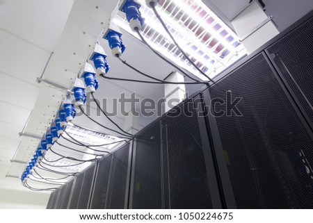 Data Center. Server Computer. Super Computer with power line.