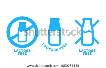 Lactose free logo icon. Vector contains no lactose label for healthy daiy food product package. Blue cow milk bottle sign design element