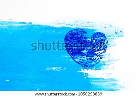 Abstract dark blue heart. Acrylic blue paint on white wooden wall. Picture for interior design and graphic designers. Abstraction with lines and branches. Valentine's day. Love you. Fantasy heart.