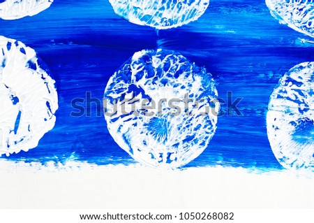 Abstract white circle on blue background. Circle looks like a moon. Pattern for interior design and graphic designers. Abstraction with circles and branches. Picture for super design. Fantasy moon. 