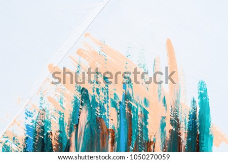 Abstract turquoise beige drawing. Acrylic paint on white wooden wall. Texture and background for interior and graphic designers. Architect and architecture. Brush stroke. Horizontal picture.