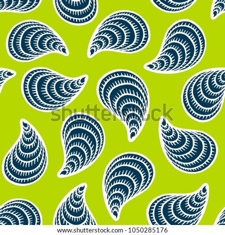 Seamless pattern with hand drawn seashells, mussels. Marine theme. Vector illustration