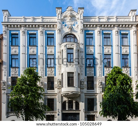 Fragment of Art Nouveau architecture style of Riga city Royalty-Free Stock Photo #105028649