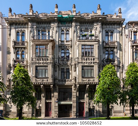 Fragment of Art Nouveau architecture style of Riga city Royalty-Free Stock Photo #105028652