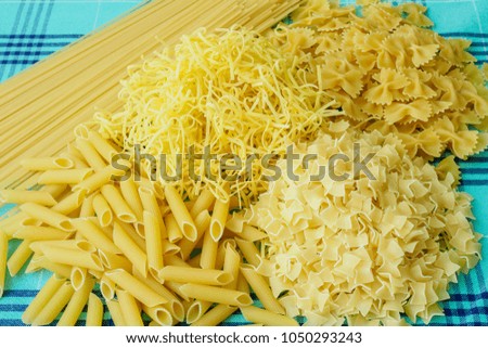 Variety of types and shapes of Italian pasta. Dried italian pasta.