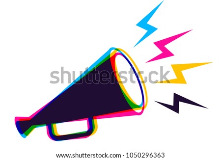 Vector vintage poster with retro megaphone in CMYK colors. Vector megaphone in CMYK style. Royalty-Free Stock Photo #1050296363