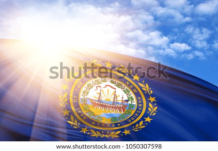 flag of State of New Hampshire against the blue sky with sun rays