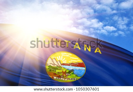 flag of State of Montana against the blue sky with sun rays