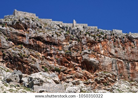 View of Chora castle from Chora town, Kalymnos island, Dodecanese islands, Greece.