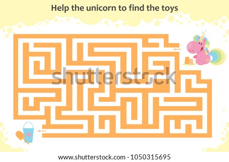 Vector maze game. Help the unicorn to find the toys. Children educational game