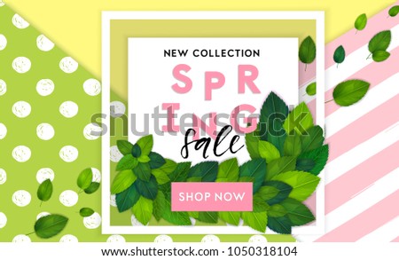 Spring fashion sale flyer template with lettering. Bright fresh green leaves concept. Poster, card, label, banner design. Bright and stylish geometrical background. Vector illustration EPS10