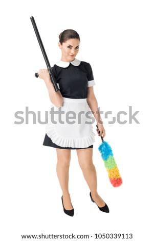 Maid holding baton and colorful duster isolated on white