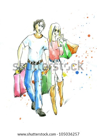 drawing an illustration of a married couple engaged shopping