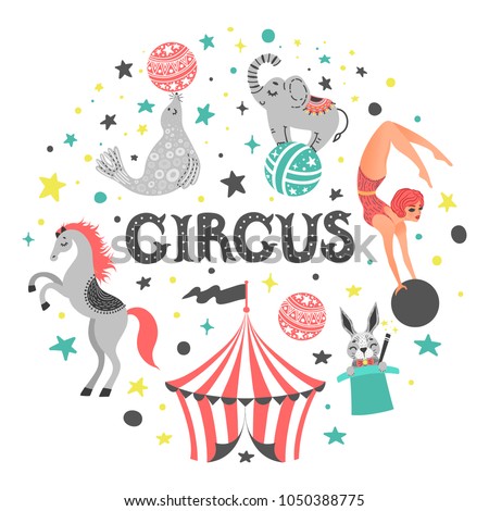 Vector illustration of circus animal. Cute cartoon characters. Set