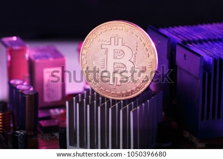 Image of virtual currency, bitcoin and processor on pink background