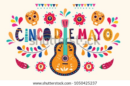 Beautiful vector illustration with design  for Mexican holiday 5 may Cinco De Mayo. Vector template with traditional Mexican symbols skull, Mexican guitar, flowers, red pepper