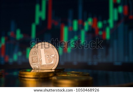 Litecoin crypoto currency coin with price market chart in the background