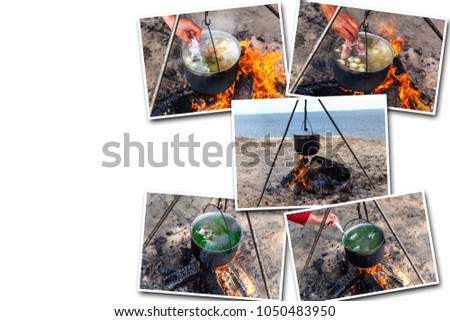 collage on white background fish soup cooking in a pot on a fire in the forest by the sea