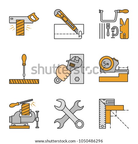 Construction tools color icons set. Tenon saw, stationery knife, jeweler saw set, screwdriver, wrench, meter, bench vice, crossed spanners, set square. Isolated vector illustrations