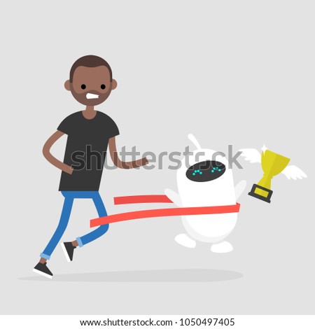 Competition between humans and robots. Artificial intelligence. Technology. Concept. Flat editable vector illustration, clip art