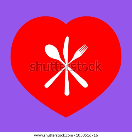 Cutlery sign illustration. Vector. White icon in red heart at lavender background.