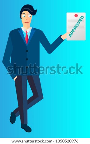 Young glad worker in blue suit with red tie hanging the document with stamp approved on gradient light blue background