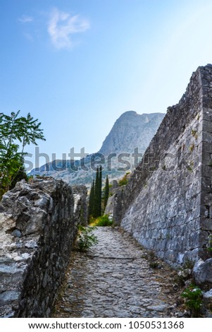 City walls on a hill in Kotor, Montenegro