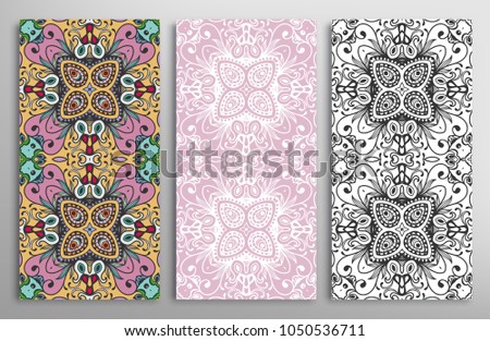 Vertical seamless patterns set, floral geometric doodle texture for Wedding, Valentine's day, greeting card, Birthday Invitation. Hand drawn decorative seamless ornamental backgrounds, lace border