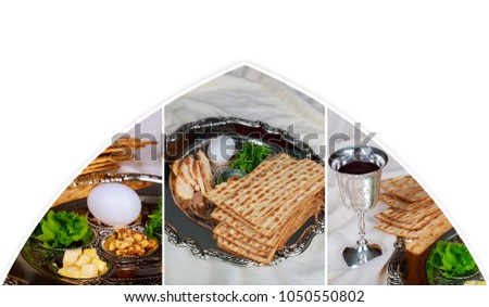 Pesah celebration Passover holiday. Traditional pesah plate text in hebrew: Photo collage different picture
