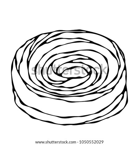 Sweet Donut with Swirl Sugar Glaze Topping. Pastry Shop, Confectionery Design. Round Doughnut Dessert. Realistic Hand Drawn Illustration. Savoyar Doodle Style.