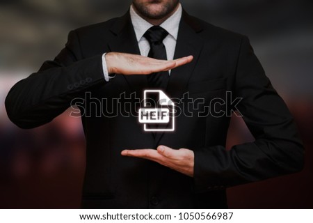 High Efficiency Image File Format (HEIF) icon with businessman on bokeh background