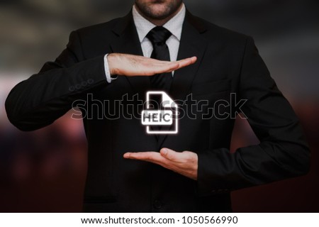 High Efficiency Image File Format (HEIC) icon with businessman on bokeh background