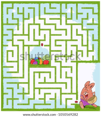 Vector illustration, maze, help the rabbit reach the Easter eggs, card concept.