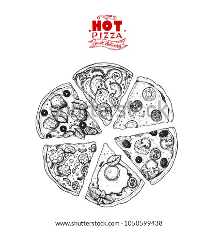 Italian Pizza hand drawn vector illustration. Pizza slices in a circle. Packaging design template. Sketch illustration.