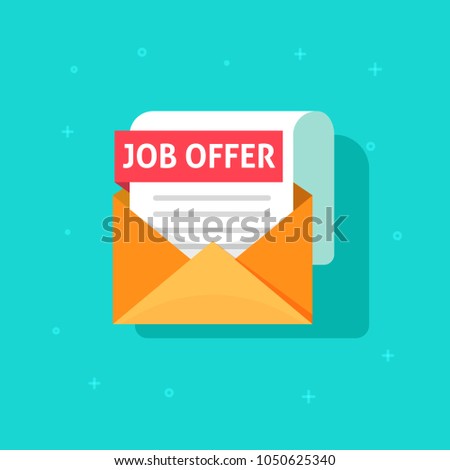 Job offer text on email envelope document, flat cartoon design of recruitment concept, work search success, letter or message with offering job image