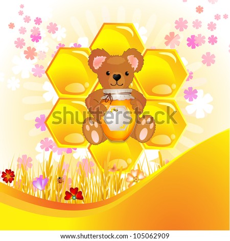  Illustration of cute bear cub with honey