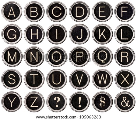 Full alphabet of vintage typewriter keys including dollar sign, ampersand, exclamation and question marks.  Each key is isolated on white with clipping path. Royalty-Free Stock Photo #105063260