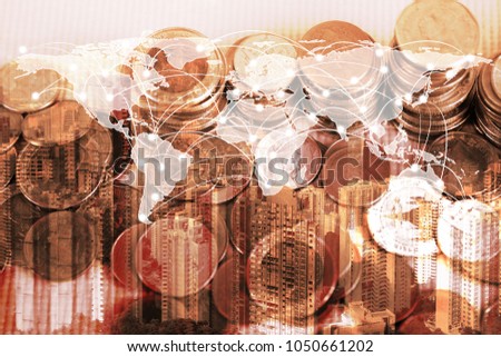 Double exposure of coin stack with city background and world map, financial graph, world map and global network business concept idea, element by NASA.