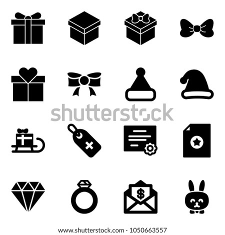 Solid vector icon set - gift vector, bow, christmas hat, sleigh, medical label, certificate, diamond, ring, mail dollar, toy rabbit