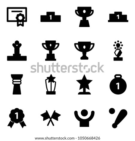 Solid vector icon set - certificate vector, pedestal, cup, winner, win, gold, award, medal, flags cross, success, baseball bat