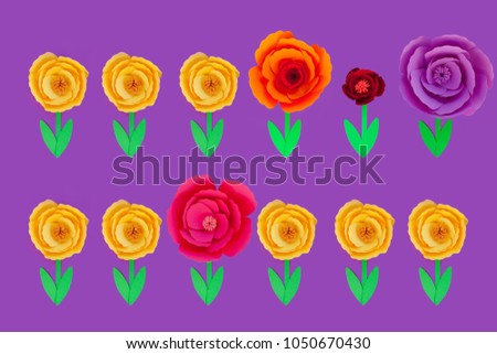 Colorful handmade paper flowers on violet background, pattern. Yellow roses. 