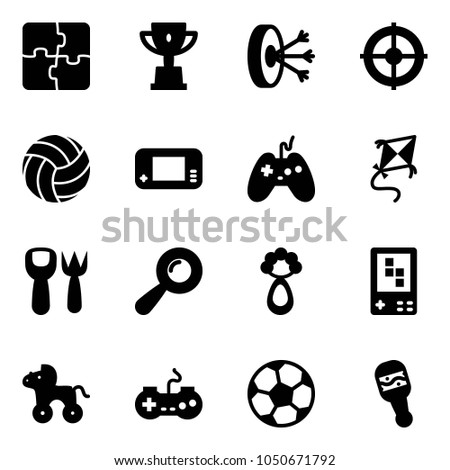 Solid vector icon set - puzzle vector, win cup, solution, target, volleyball, game console, joystick, kite, shovel fork toy, beanbag, wheel horse, gamepad, soccer ball