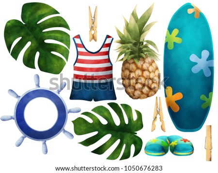 Ocean summer vacation set clip art white isolated