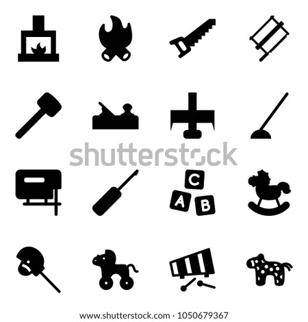 Solid vector icon set - fireplace vector, fire, saw, bucksaw, rubber hammer, jointer, milling cutter, hoe, jig, awl, abc cube, rocking horse, stick toy, wheel, xylophone