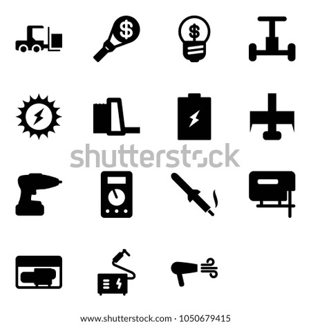 Solid vector icon set - fork loader vector, money torch, business idea, gyroscope, sun power, water plant, battery, milling cutter, drill, multimeter, soldering iron, jig saw, generator, welding