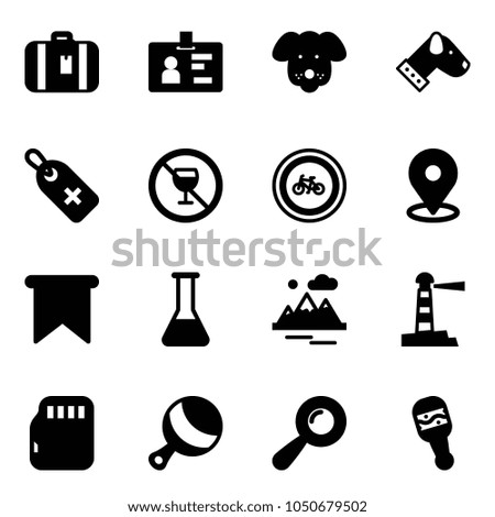 Solid vector icon set - suitcase vector, identity, dog, medical label, no alcohol sign, bike road, map pin, flag, flask, mountains, lighthouse, micro flash card, beanbag