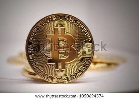 Macro shot of Bitcoin. Blockchain technology, bitcoin mining concept. Bitcoin cryptocurrency, BTC