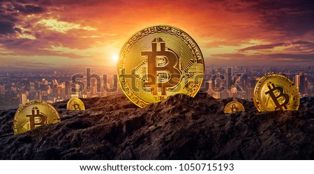 Golden Bitcoin On the Moutain. Business concept.