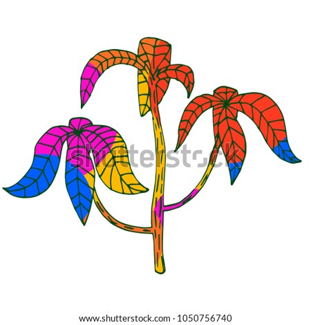 Bright multicolored tropical plant, multicolored palm tree, summer vacation symbol, vector clip art doodle style, object isolated on white background